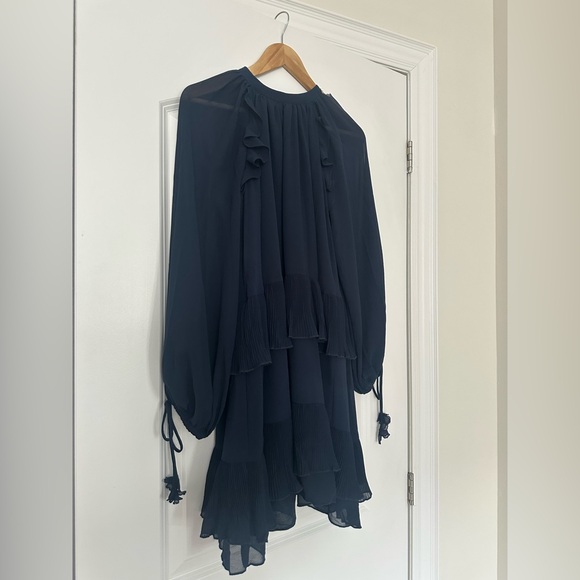 En Saison Navy Pleated Tiered Long Sleeve Mini Dress / Tunic Top XS Ruffle Sheer - Picture 2 of 10